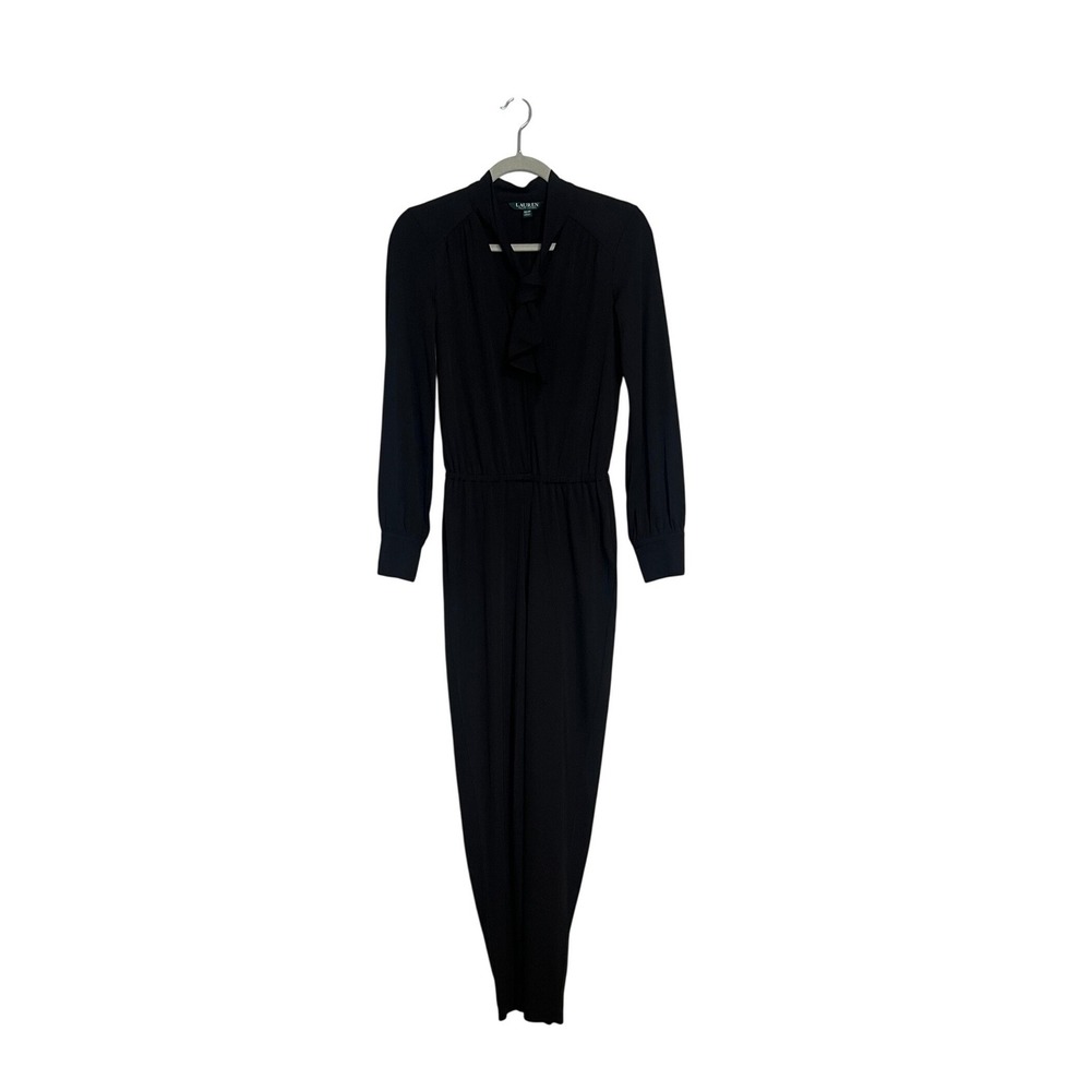 Lauren Ralph Lauren Black Tie Neck Long Sleeve Jumpsuit XS Elastic Waist Tapered